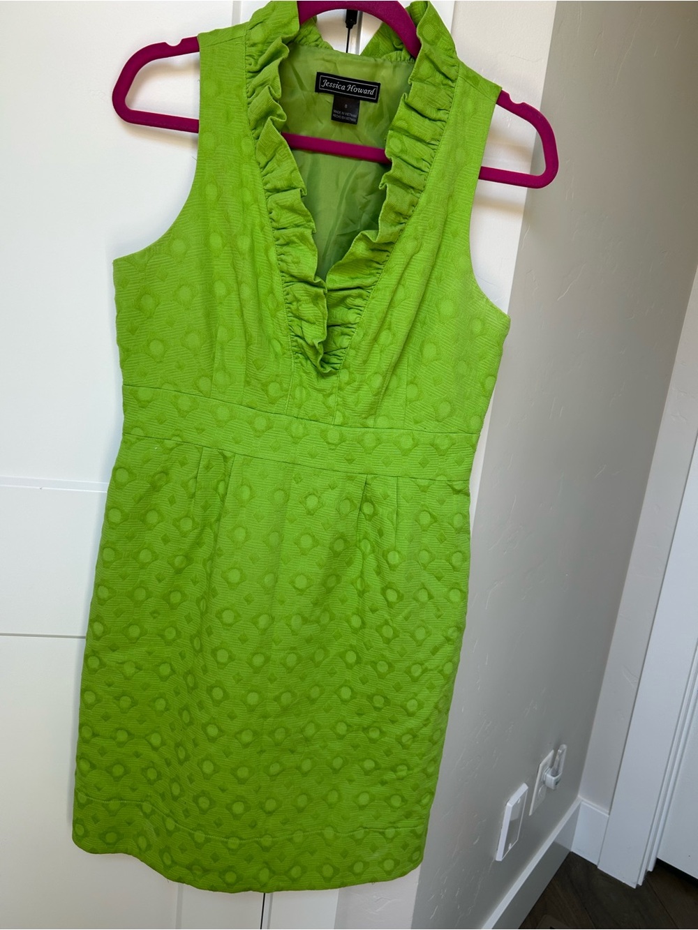 Jessica Howard Bright Lime Green Ruffle V-Neck Sheath Dress Size 8